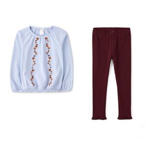 New Gymboree Girls 6 Embroidered Floral Top & Ruffle Leggings Set Blue Burgundy